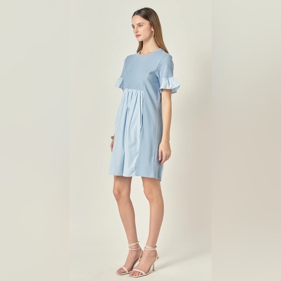 NEW English Factory Knit Stripe Woven Mixed Dress Blue & White Sz S - Picture 2 of 11